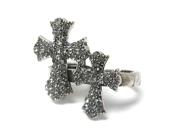 Crystal stud cross dual finger stretch ring 