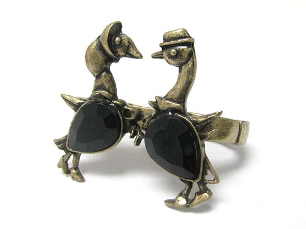 Crystal stud duck couple dual finger stretch ring 