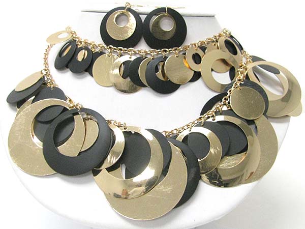 Multi metal and acryl thin disk dangle necklace earring set