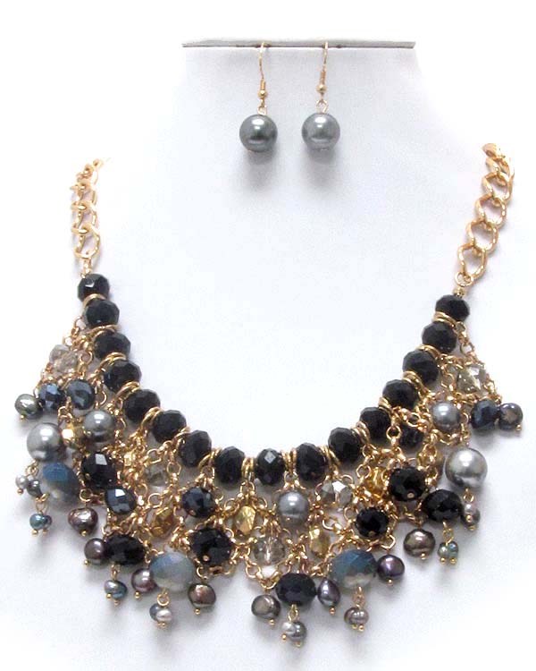 Chunky mixed semi precious stone and facet glass stone drop deco necklace earring set