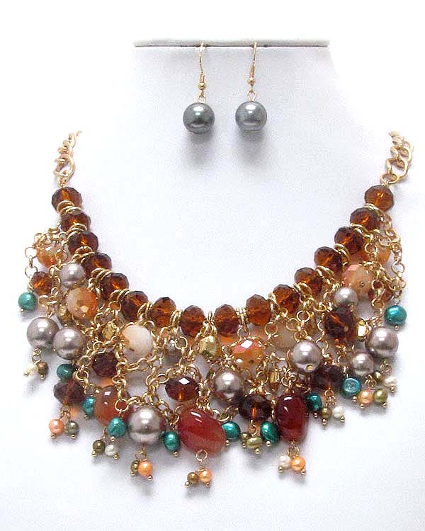 Chunky mixed semi precious stone and facet glass stone drop deco necklace earring set