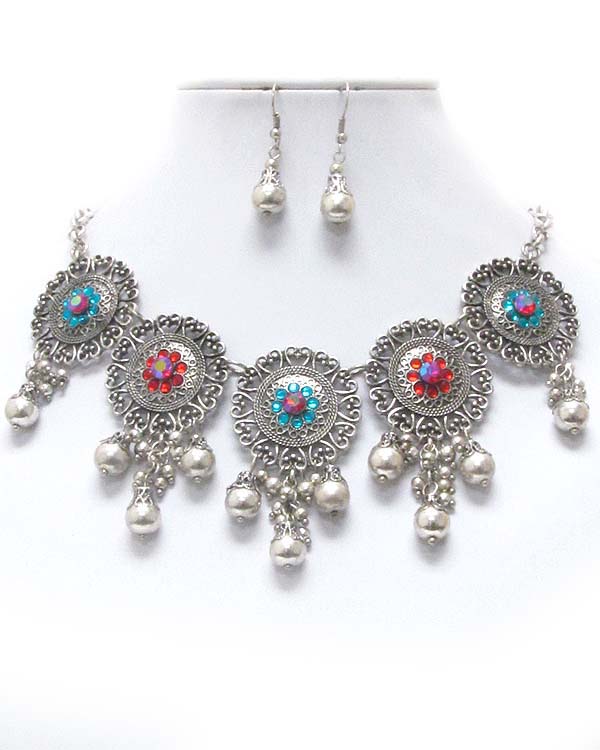 Vintage style crystal and metal filigree disk link necklace earring set