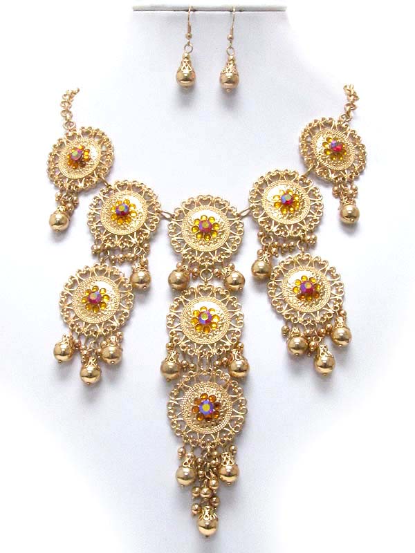 Vintage style crystal and metal filigree disk link necklace earring set