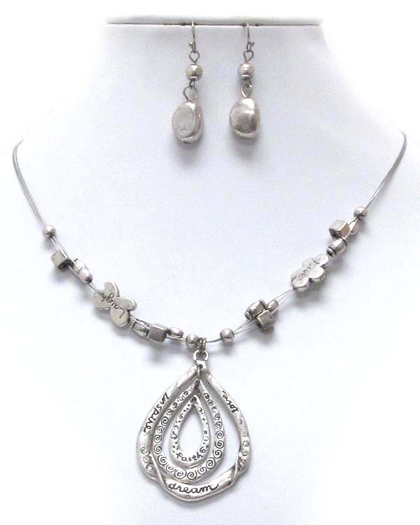 Vintage style inspiration message multi teardrop pendant necklace earring set