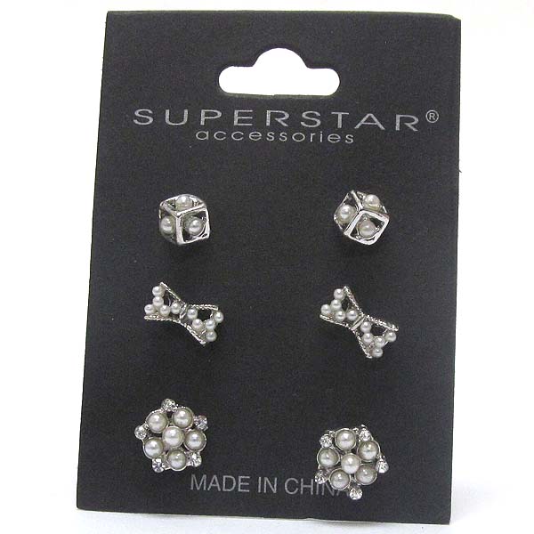 Crystal and pearl deco earring set of 3 - bow and cube