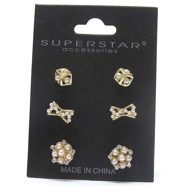 Crystal and pearl deco earring set of 3 - bow and cube