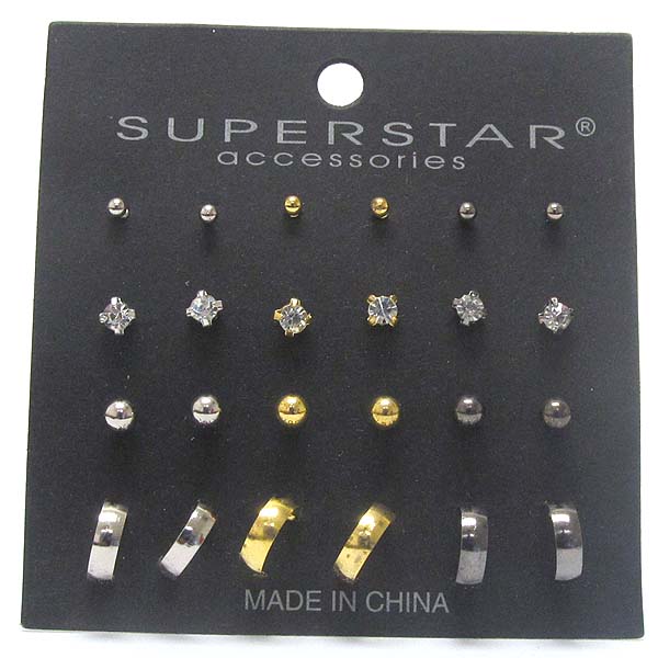 Crystal and plian metal earring set of 12