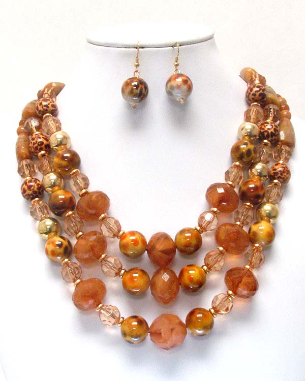 Chunky multi facet ball and 3 layer chain necklace earring set - animal print