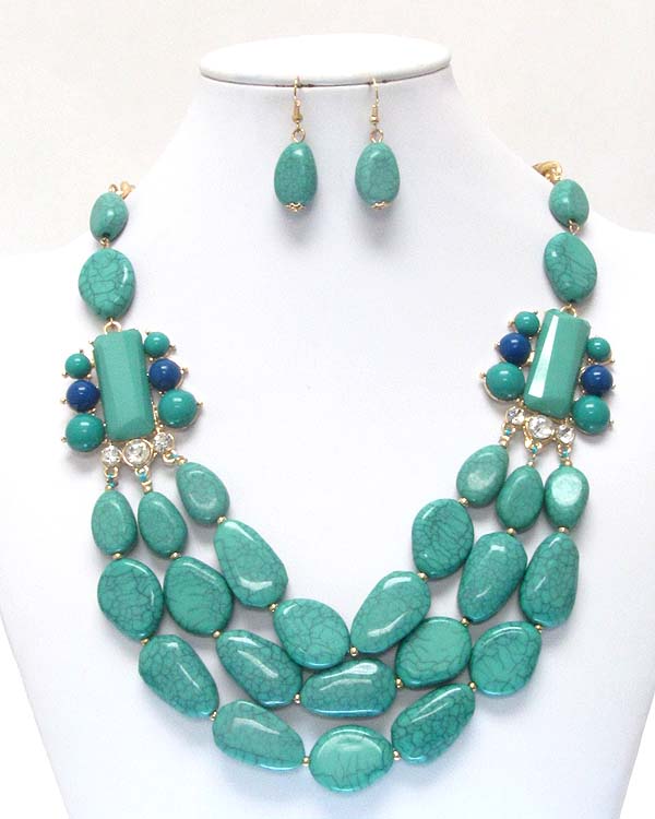 Chunky natural shape turquoise and crystal deco 3 layered necklace earring set