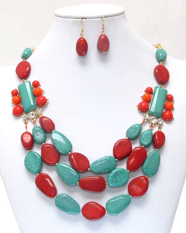 Chunky natural shape turquoise and crystal deco 3 layered necklace earring set