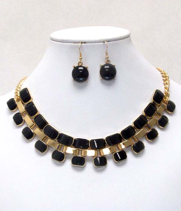 Multi facet acrylic stone and box chain necklace earring set