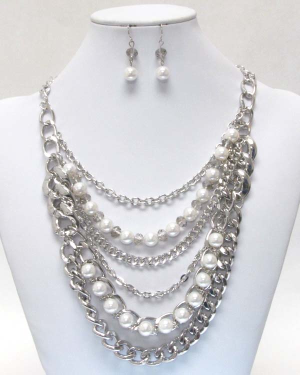 Pearl and glass ball deco multi chain mix necklace earring set