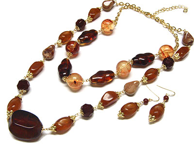 Natural stone beads double layer necklace and earring set