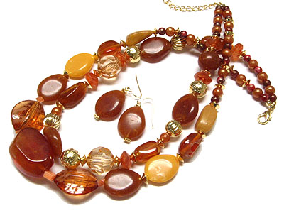 Natural resin chunky beads double layer necklace and earring set