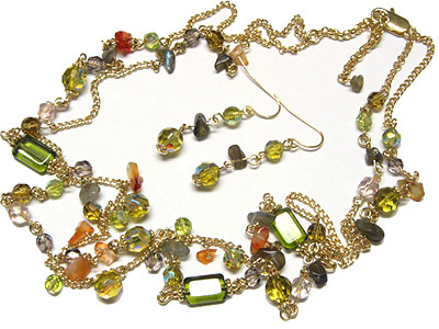 Glass and natural beads long necklace and earring set