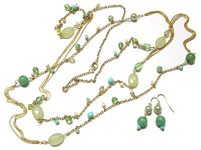 Mixed multi stone and beads long necklace and earring set