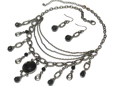 Crystal and black acryl bead charms multi strands necklace and earring set 