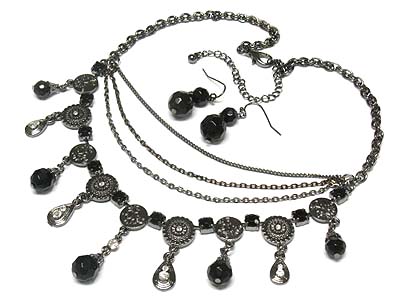 Crystal and black acryl bead charms multi strands necklace and earring set