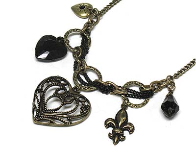 Filigree heart and multi charm necklace 