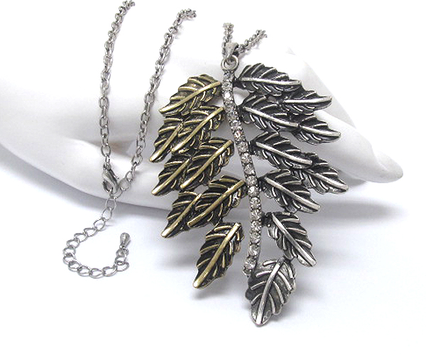 Crystal large metal leaf long chain necklace