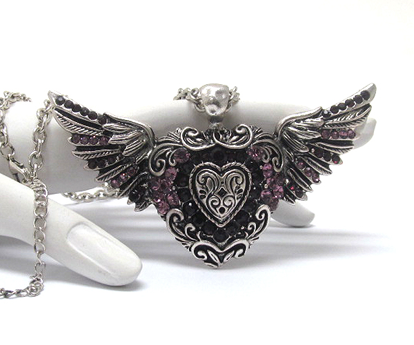 Crystal deco large heart and angel wing necklace 