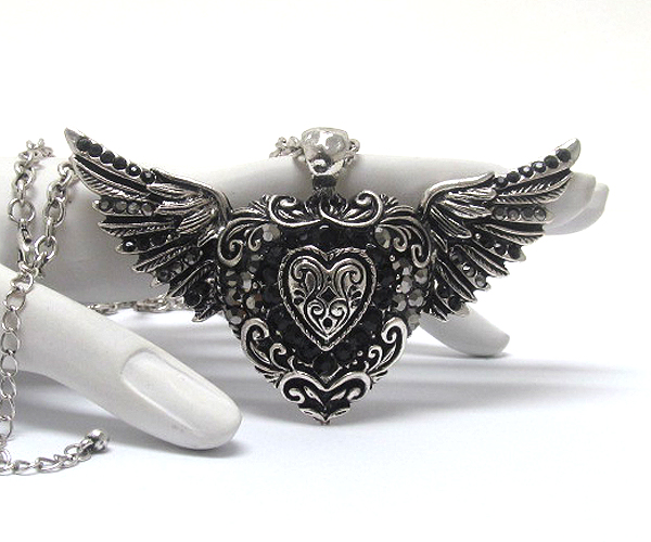 Crystal deco large heart and angel wing necklace 