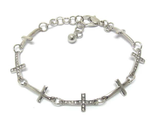 Multi crystal metal cross patern chain stretch bracelet