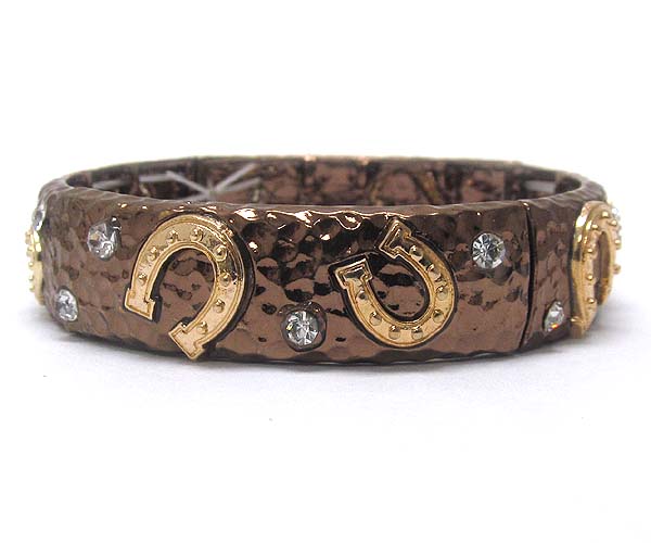 Crystal hammered metal and print horse shoe stretch bracelet