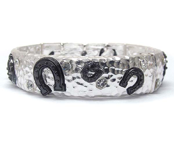 Crystal hammered metal and print horse shoe stretch bracelet