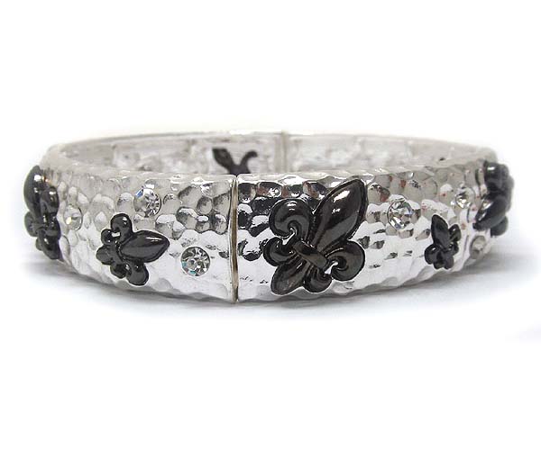 Crystal hammered metal and print fleur de lis stretch bracelet