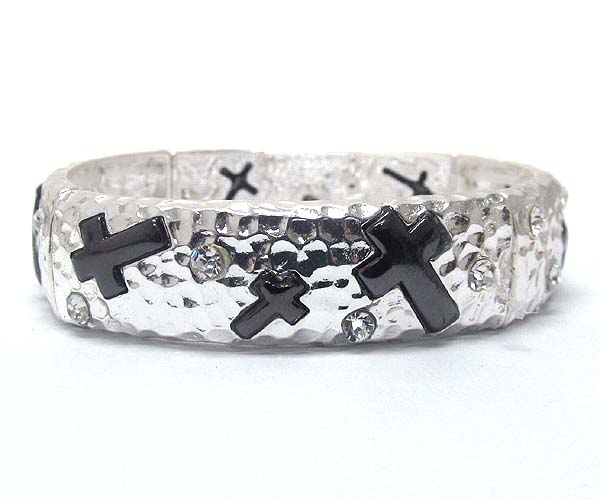 Crystal hammered metal and print cross stretch bracelet