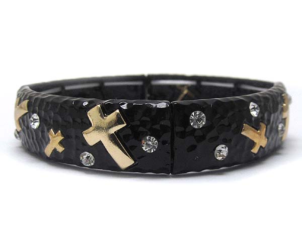 Crystal hammered metal and print cross stretch bracelet