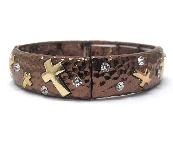 Crystal hammered metal and print cross stretch bracelet