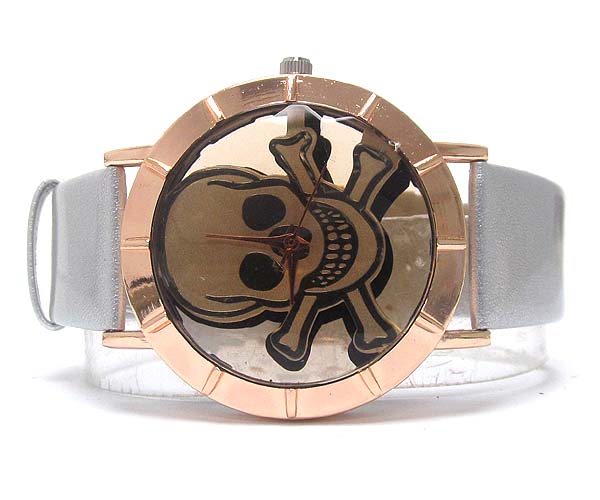 Round frame skull face and front and back glass cover watch