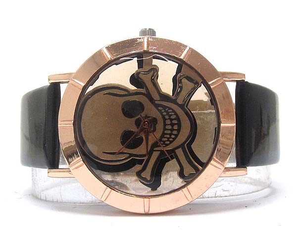 Round frame skull face and front and back glass cover watch