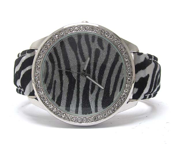 Crystal deco frame and glittering face with  animal pattern band watch