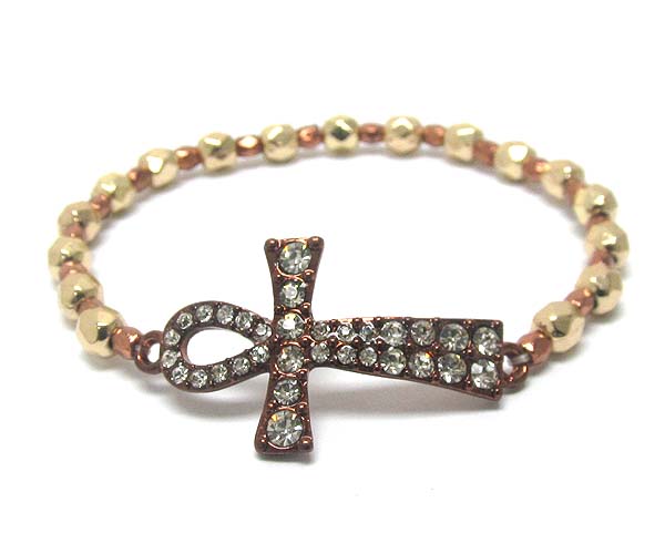 Crystal ankh cross metal hammered seed beads stretch bracelet