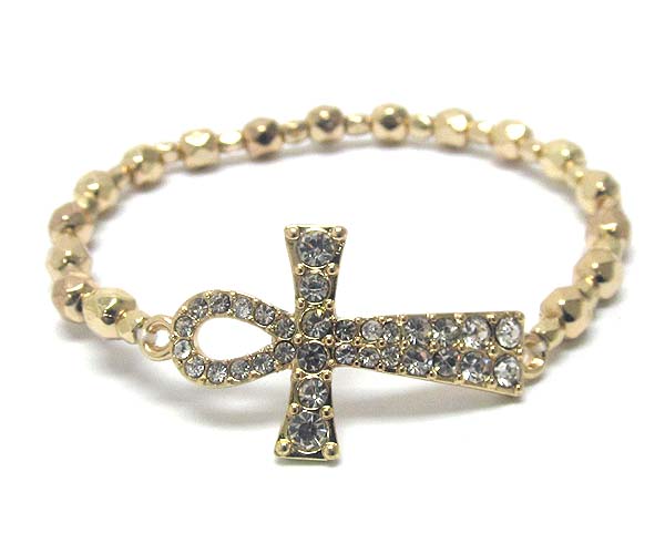 Crystal ankh cross metal hammered seed beads stretch bracelet