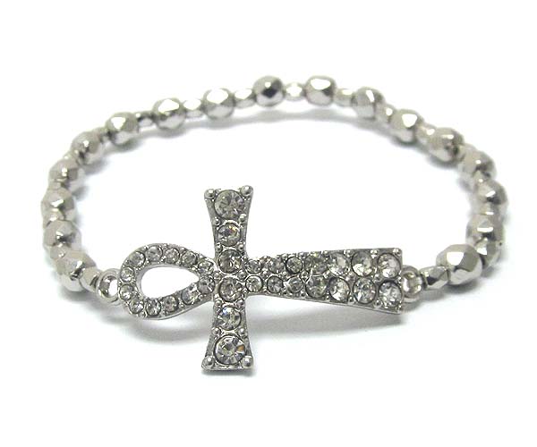 Crystal ankh cross metal hammered seed beads stretch bracelet