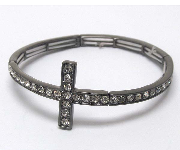 Crystal cross and line crystal metal strech bracelet