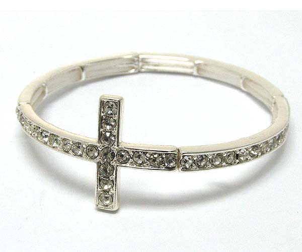 Crystal cross and line crystal metal strech bracelet