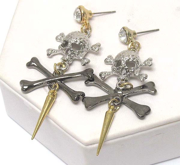 Crystal skull and bone spike drop earring