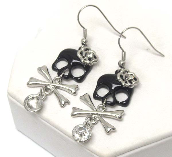 Crystal skull with flower and bone spike drop earring