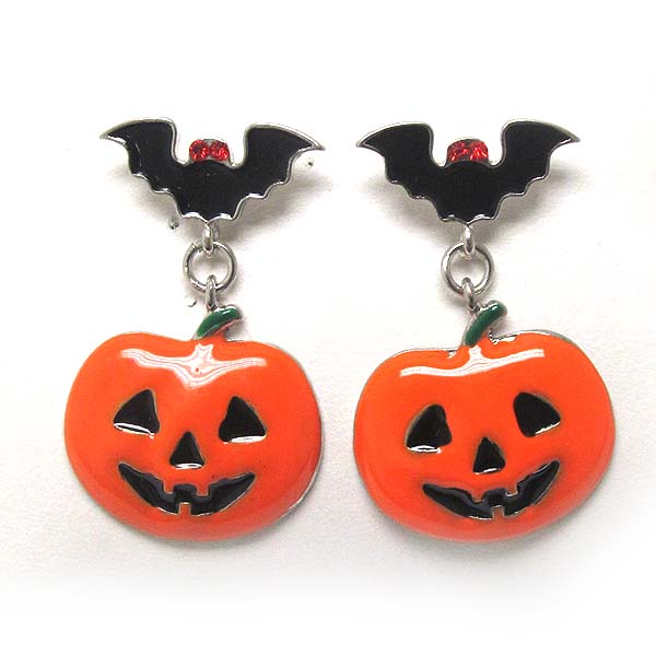 Halloween theme bat and jack o lantern drop earring