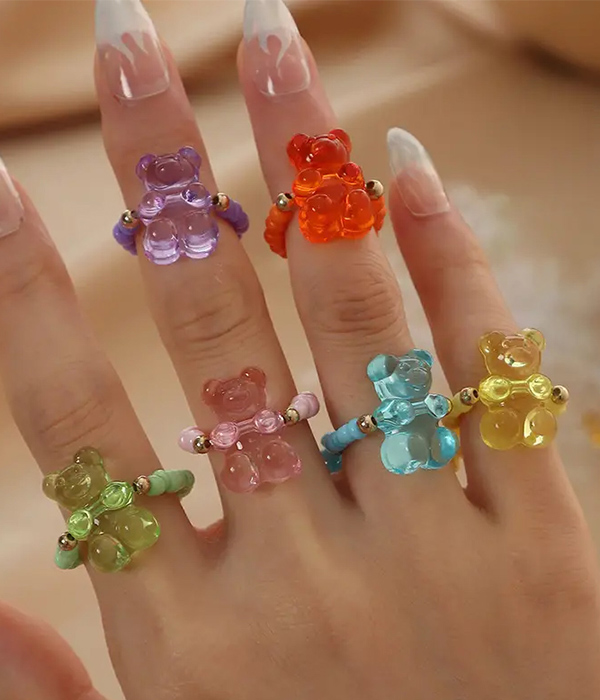 6 piece jelly bear inspired resing stretch ring set