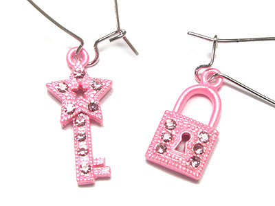 Made in korea whitegold plating crystal key and lock earring