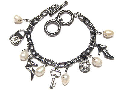 Fresh water pearl and key shoes handbag dangle toggle bracelet