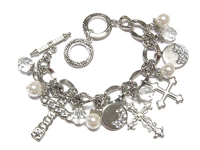 Multi crystal cross dangle chain link toggle bracelet