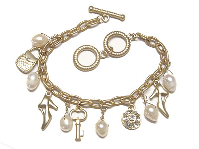 Fresh water pearl and key shoes handbag dangle toggle bracelet