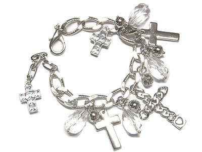 Multi crystal cross dangle chain link toggle bracelet